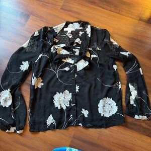 Monteau Los‎ Angeles Black White Floral Sheer Button Up Long Sleeve Blouse Top L